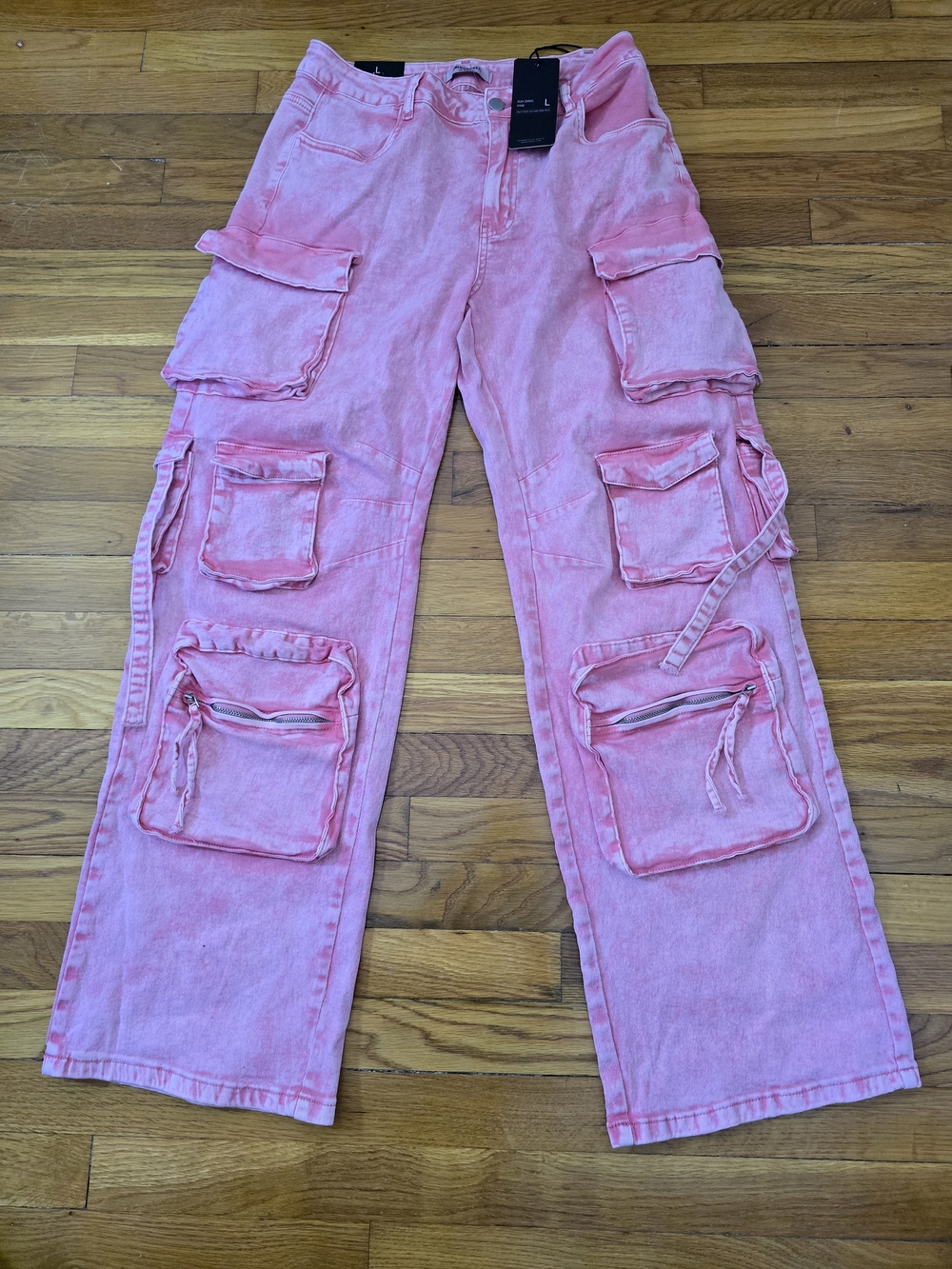 Women's Pink Straight-Leg Cargo Jeans with Utility Pockets Size L